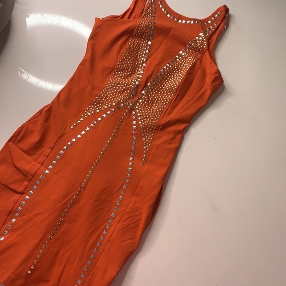 bebe Vibrant Orange Mini Dress with Metallic Details - Picture 7 of 7